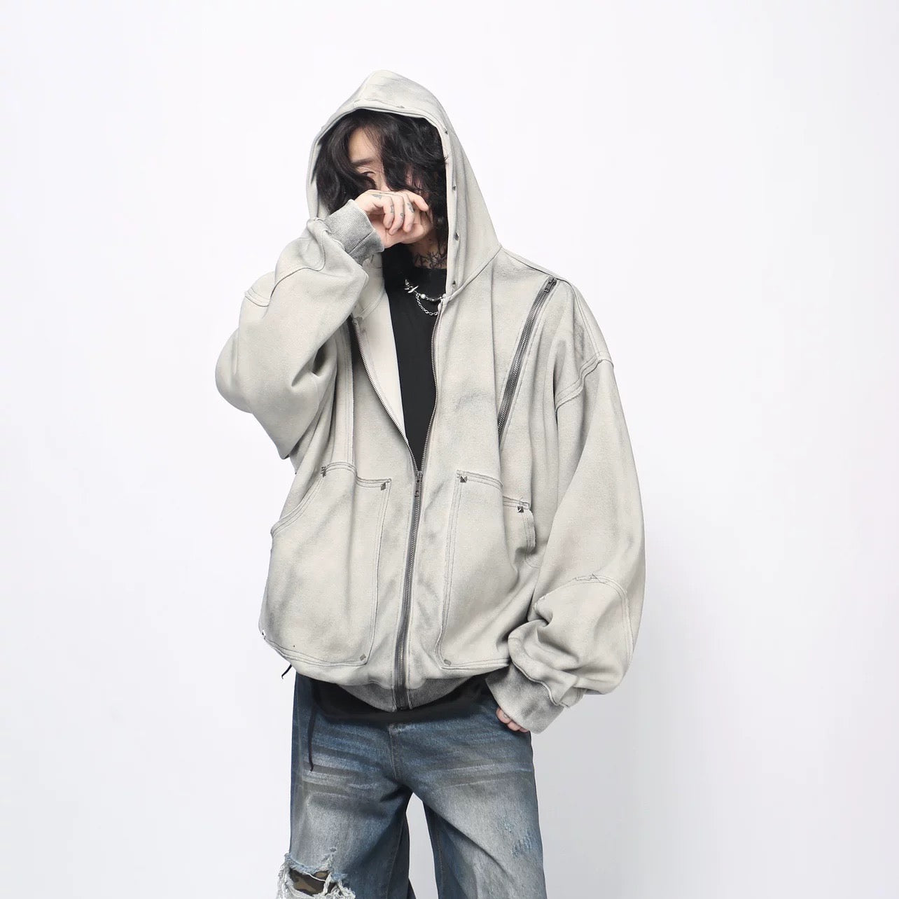 Men’s Heavyweight Streetwear Hooded Zip-Up Hoodie Painted Distressed Oversized Casual Jacket T0077