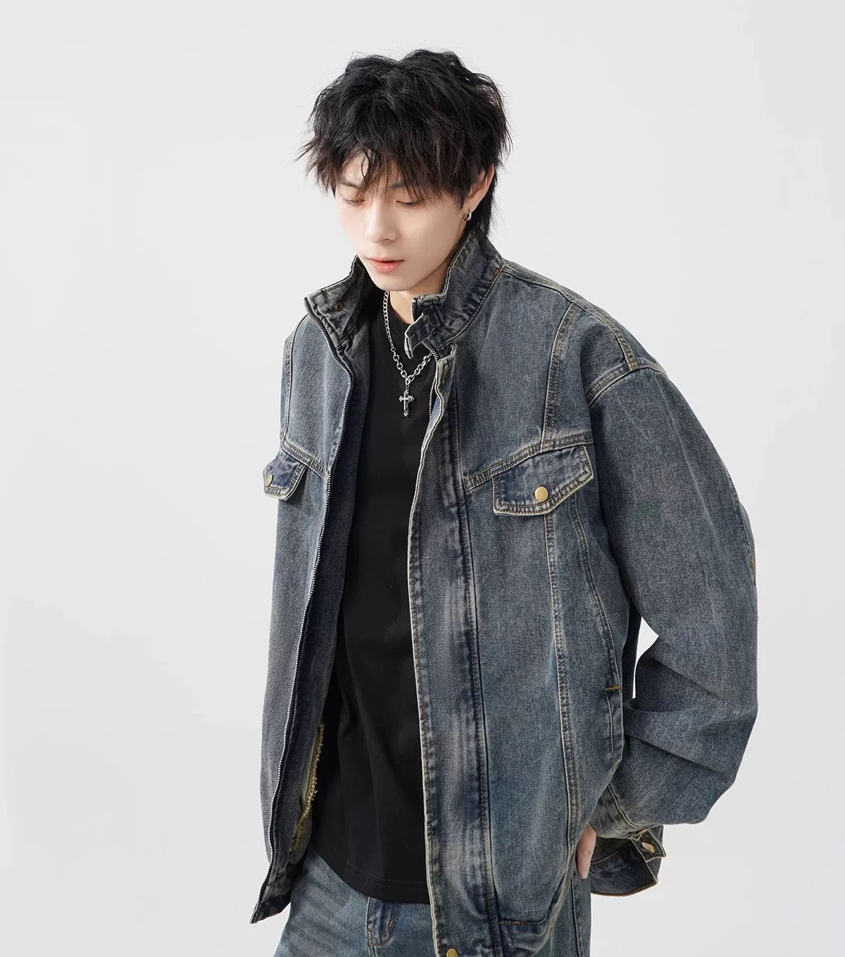 Men’s Vintage Washed Denim Jacket – American Retro Distressed Streetwear Outerwear T0046