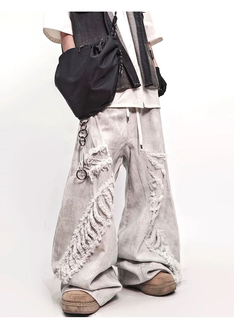 Men’s Vintage Distressed Washed White Denim Jeans Streetwear Loose Straight Mud-Dye Baggy Pants B0096