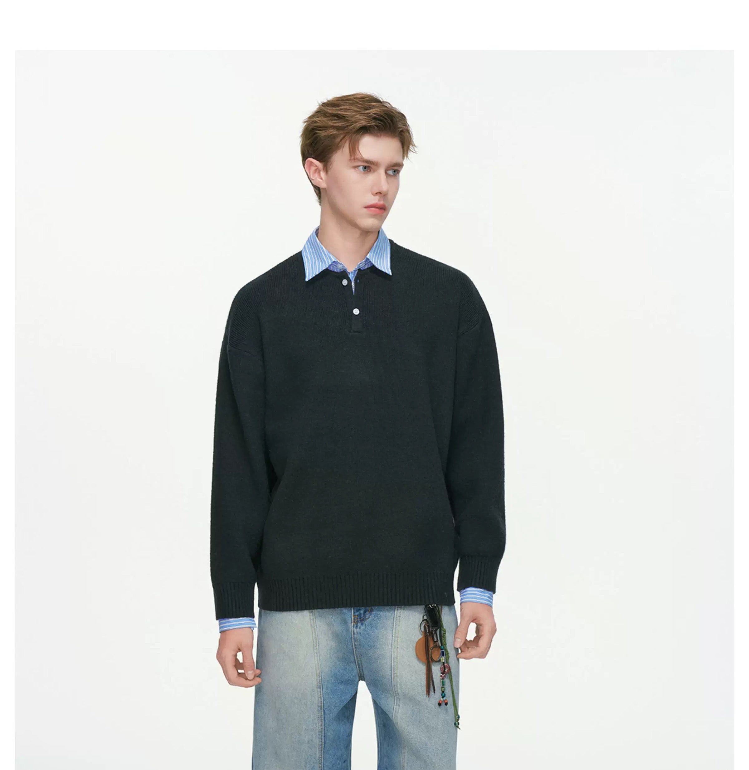 Men’s Layered Stripe Collar Sweatshirt – Vintage Preppy Street Pullover S0045