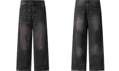 Men’s Vintage Washed Wide-Leg Jeans – American Retro Streetwear Denim T0138