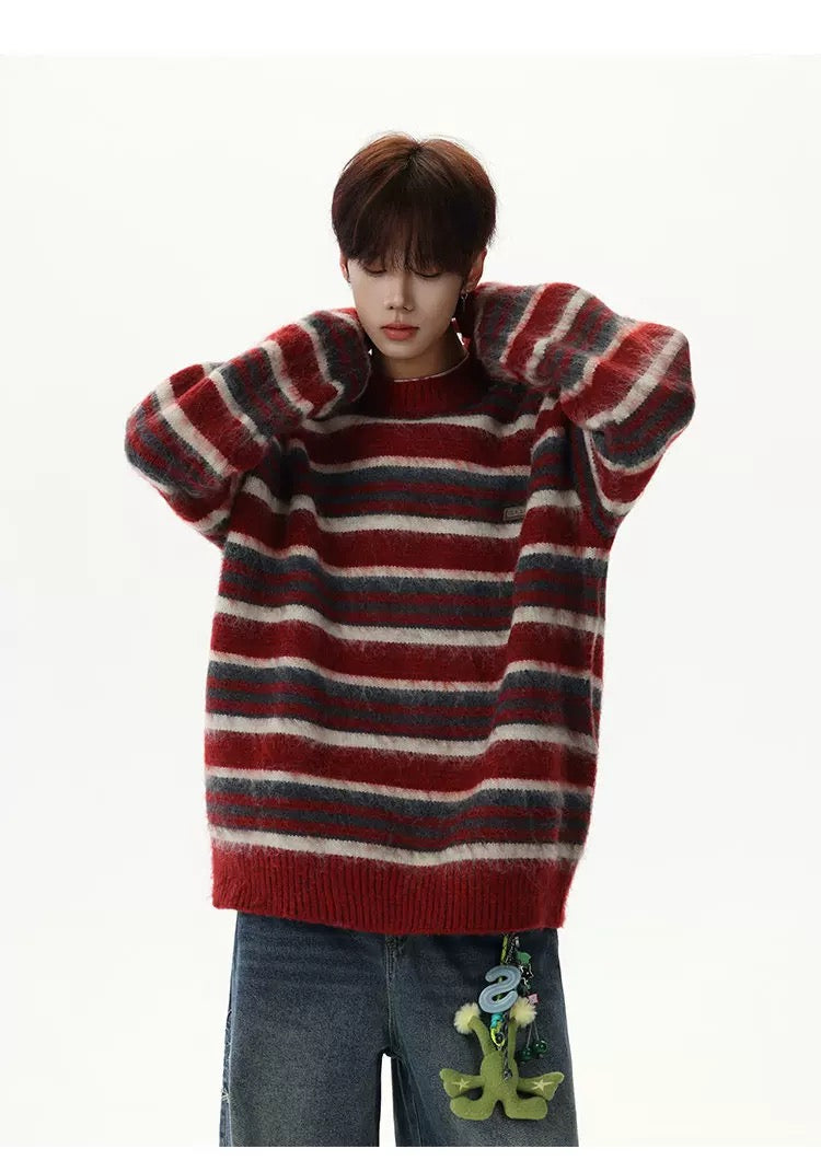 Men’s Vintage Red Striped Sweater – American Retro Knit Pullover S0049