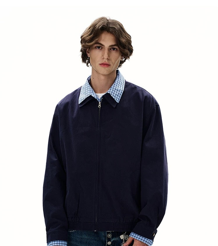 Men’s Vintage Plaid Patchwork Layered Jacket – American Retro Fake Two-Piece Streetwear Coat T0042