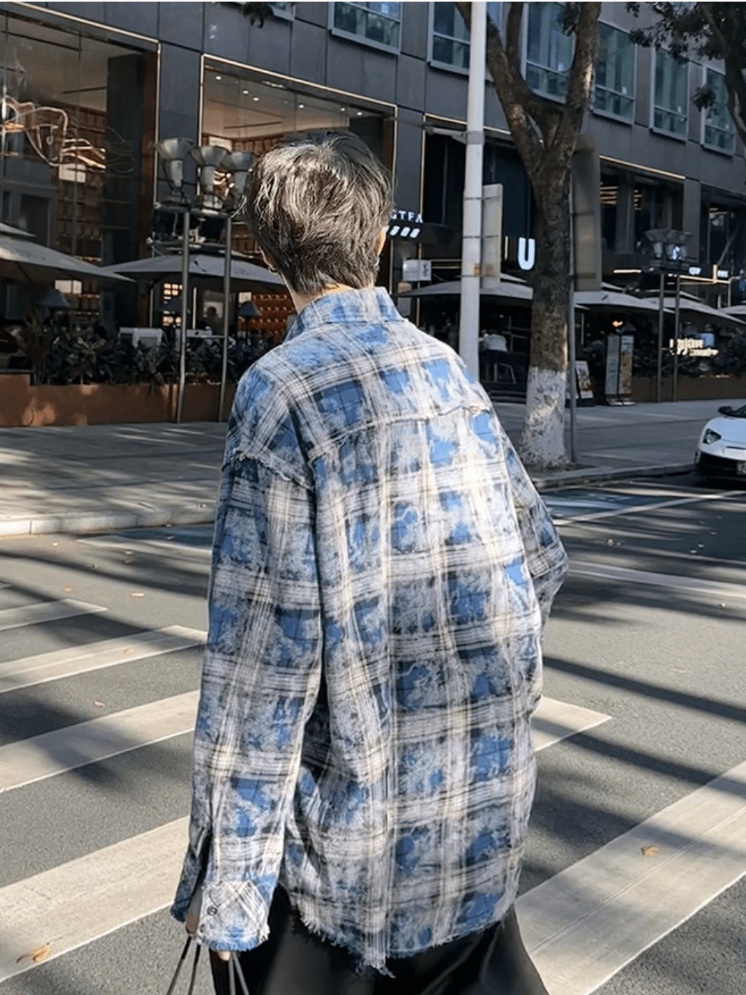 [JM HOMME] distressed raw edge plaid shirt J0112