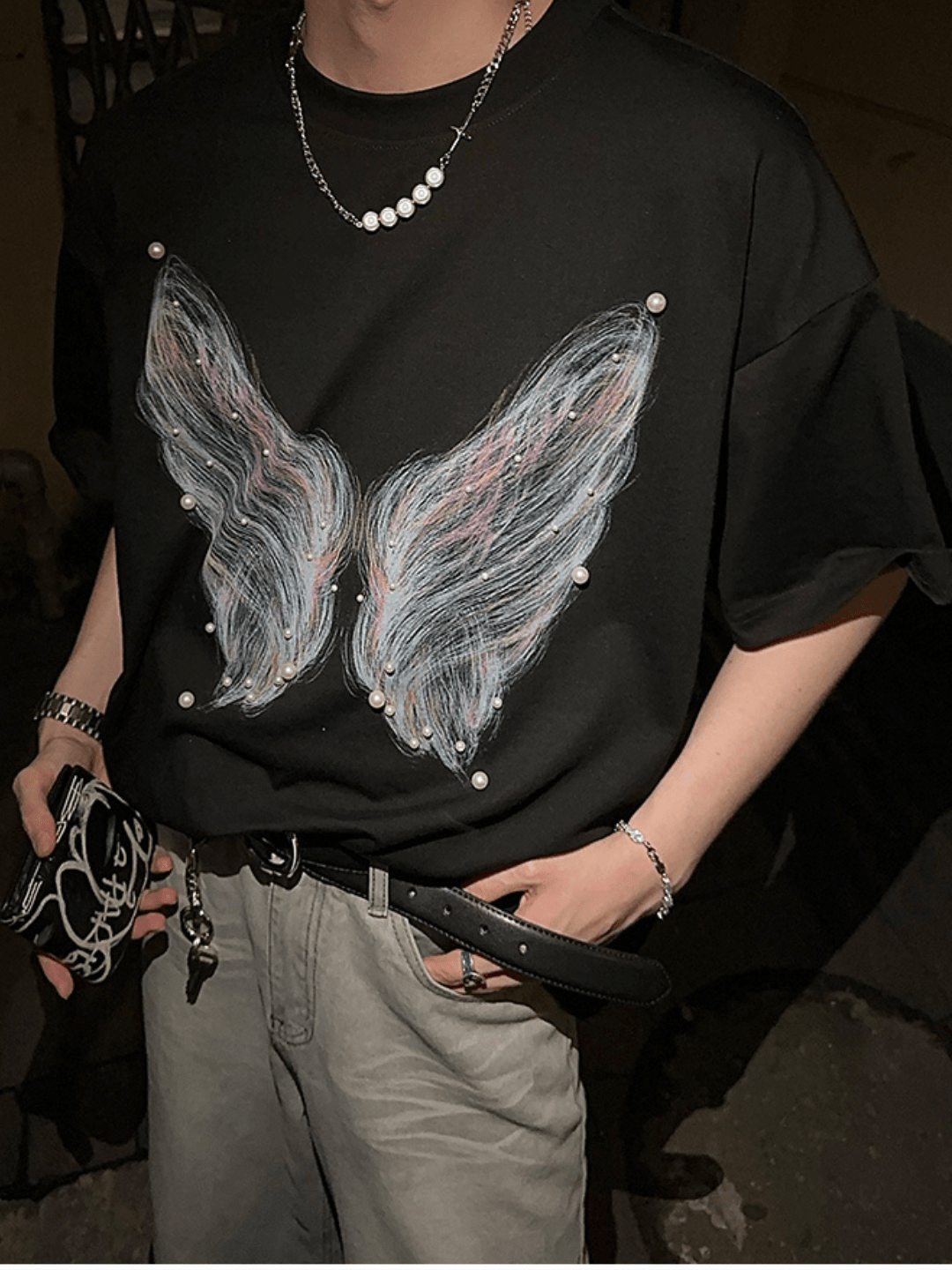 [JH HOMME] pearl butterfly print T-shirt J0098