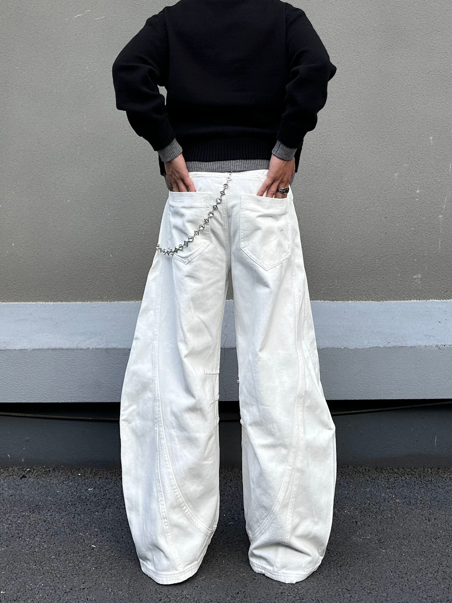 Men’s White Curved Wide-Leg Jeans – American Streetwear Vintage Denim Pants B0086