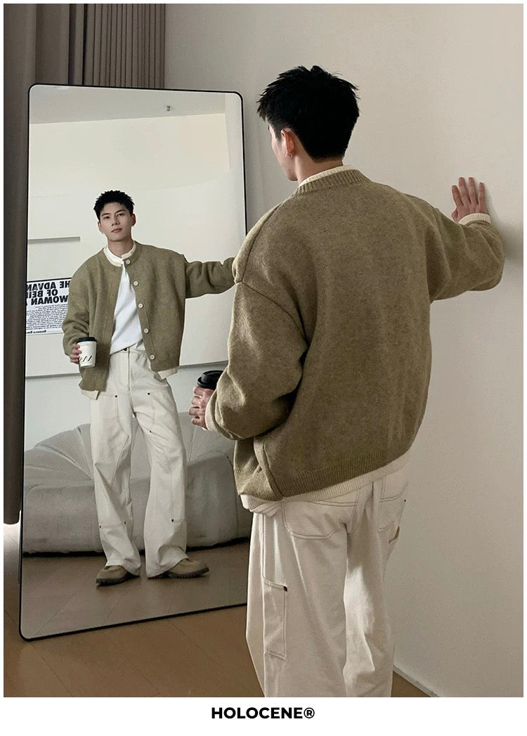 Men’s Japanese Vintage Layered Button Knit Sweater – Retro Street Casual Pullover S0044