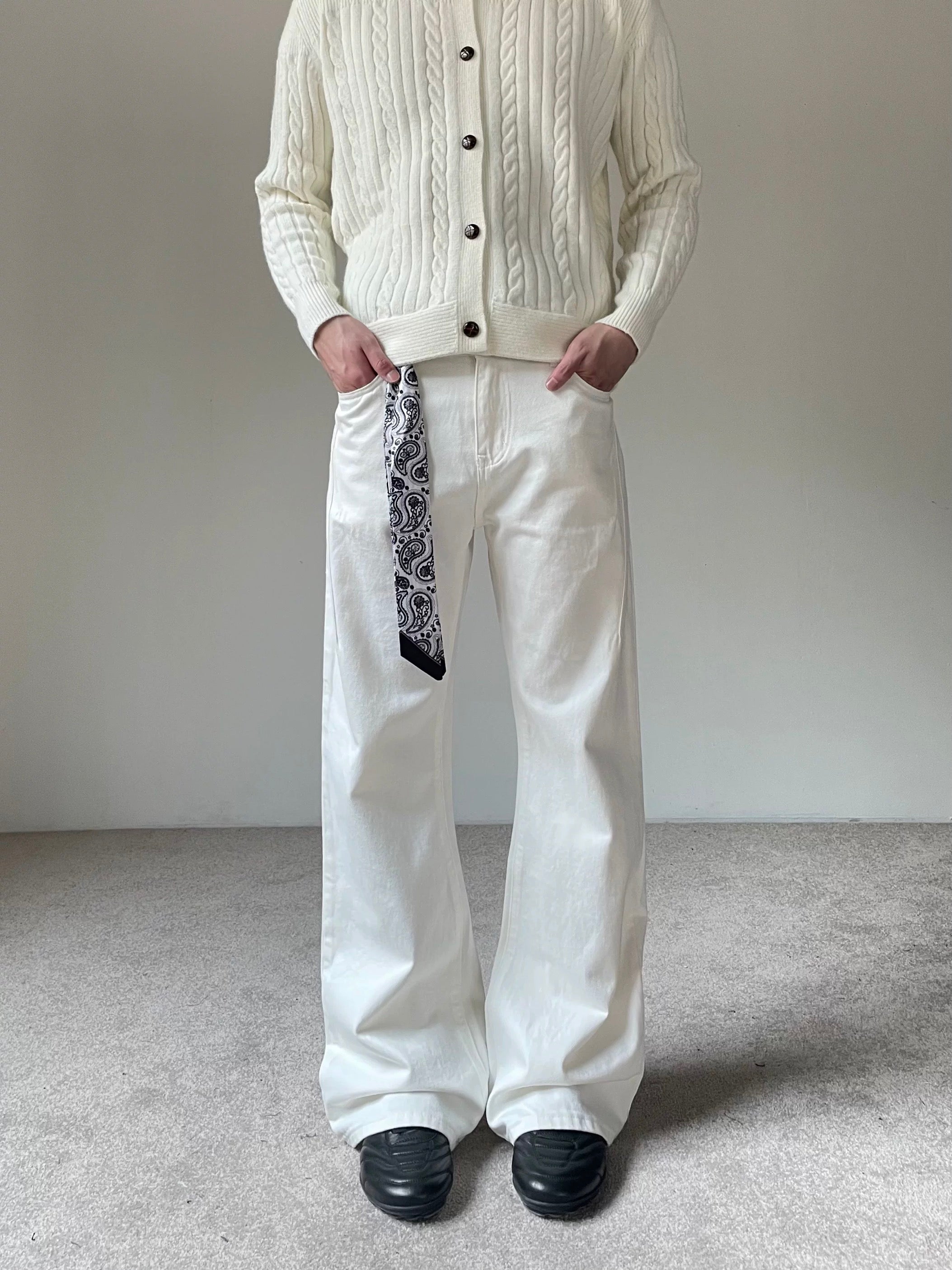 Men’s Vintage Scarf Detail Flare Jeans – American High Street Denim Pants B0074