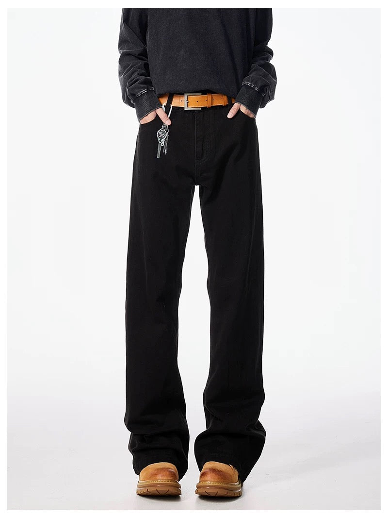 Men’s Black Straight-Leg Jeans – American Minimal Street Denim Pants B0077