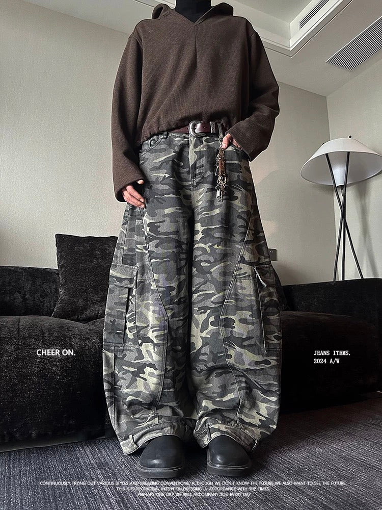 Camouflage Deconstructed Banana Pants - Unisex Wide-Leg Flare Cargo Joggers (Plus Size) B0107