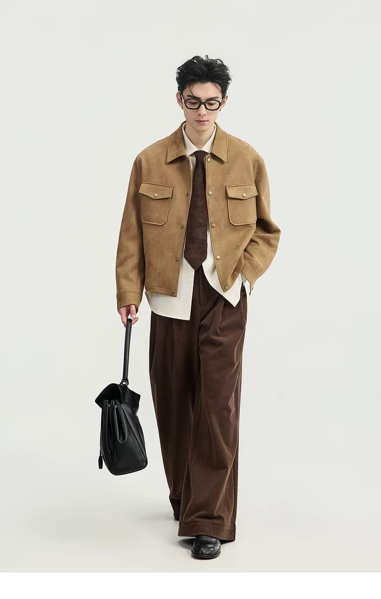 Chaqueta retro premium de ante sintético con solapa para hombre - Top corto informal para otoño T0039