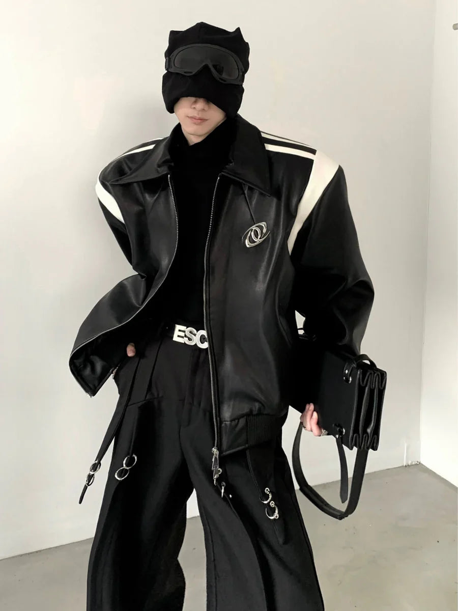 [AUTUMNWIND] BLACK COTTON THICKENED LEATHER JACKET T0121