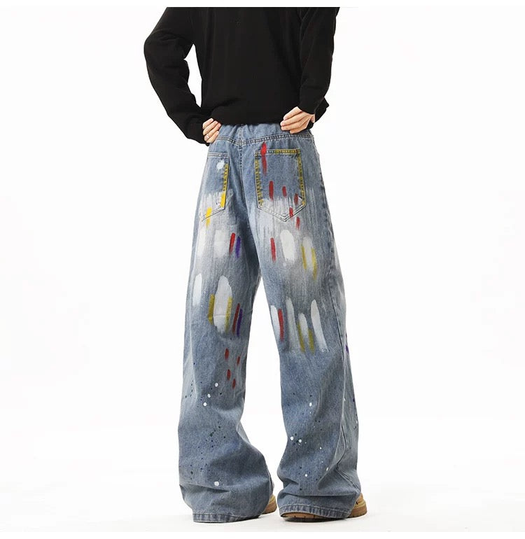 Men’s Graffiti Denim Jeans – Vintage American High Street Painted Streetwear Pants B0058