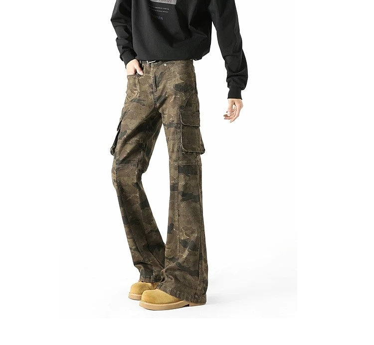 Men’s Camouflage Flared Cargo Jeans – American Vintage Workwear Street Denim B0078