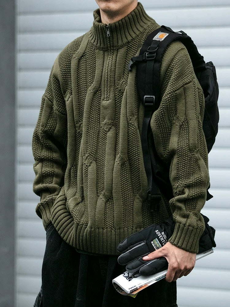 Suéter grueso de punto trenzado con cuello alto - Chaqueta gruesa estilo americano vintage con media cremallera T0015