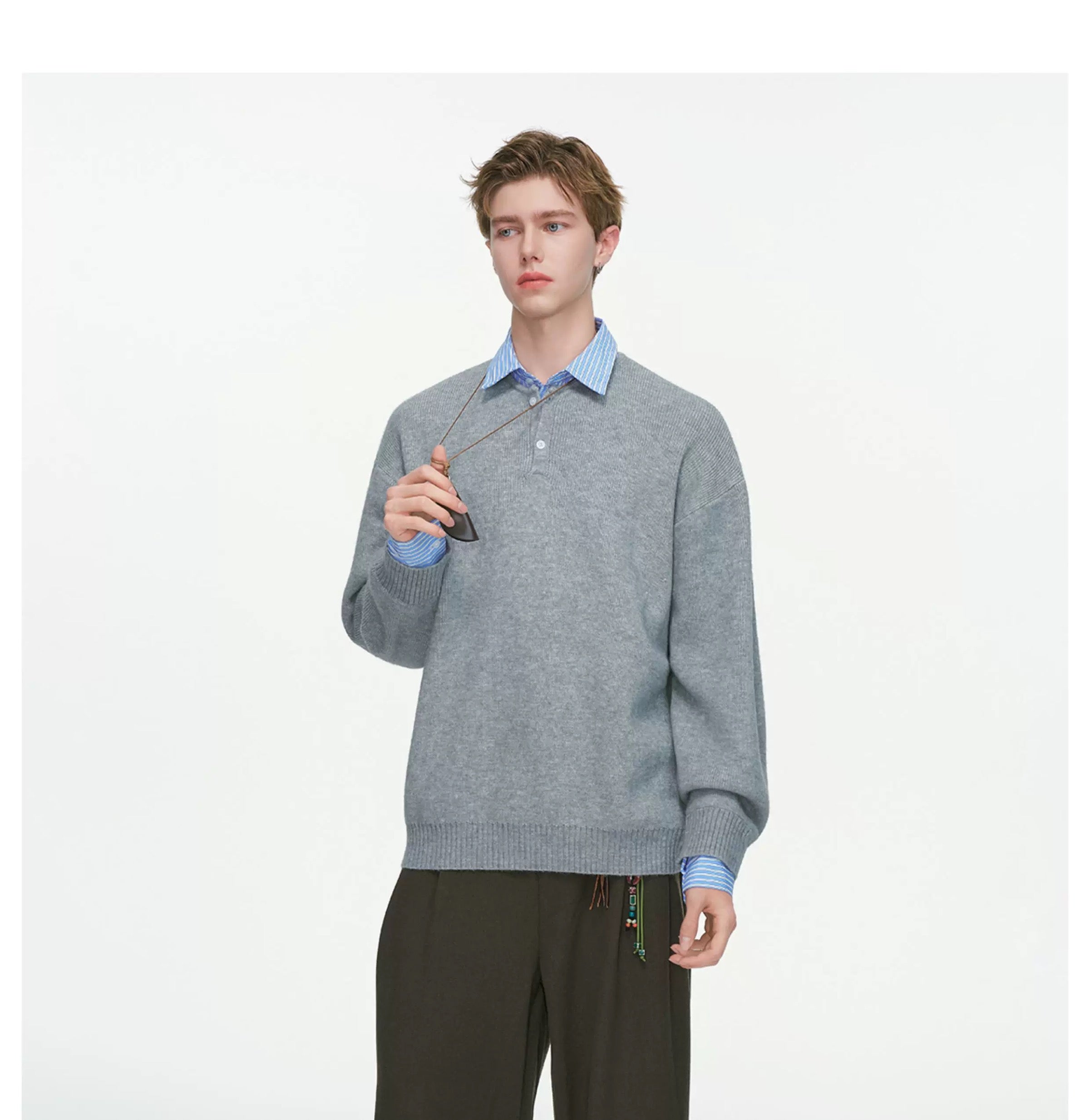 Men’s Layered Stripe Collar Sweatshirt – Vintage Preppy Street Pullover S0045