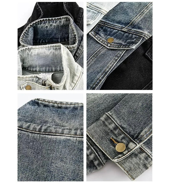 Men’s Vintage Washed Denim Jacket – American Retro Distressed Streetwear Outerwear T0046