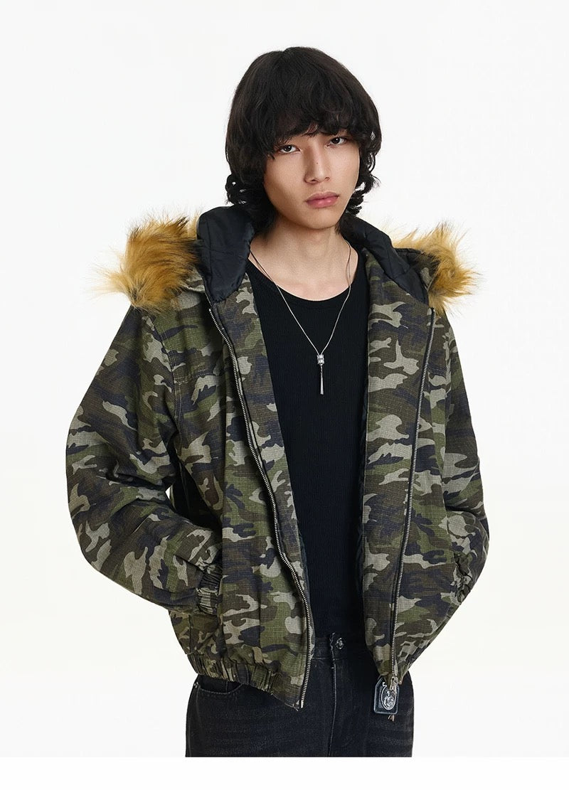 Men’s Vintage Camo Fur Hooded Puffer Jacket – American Retro Winter Street Coat T0056