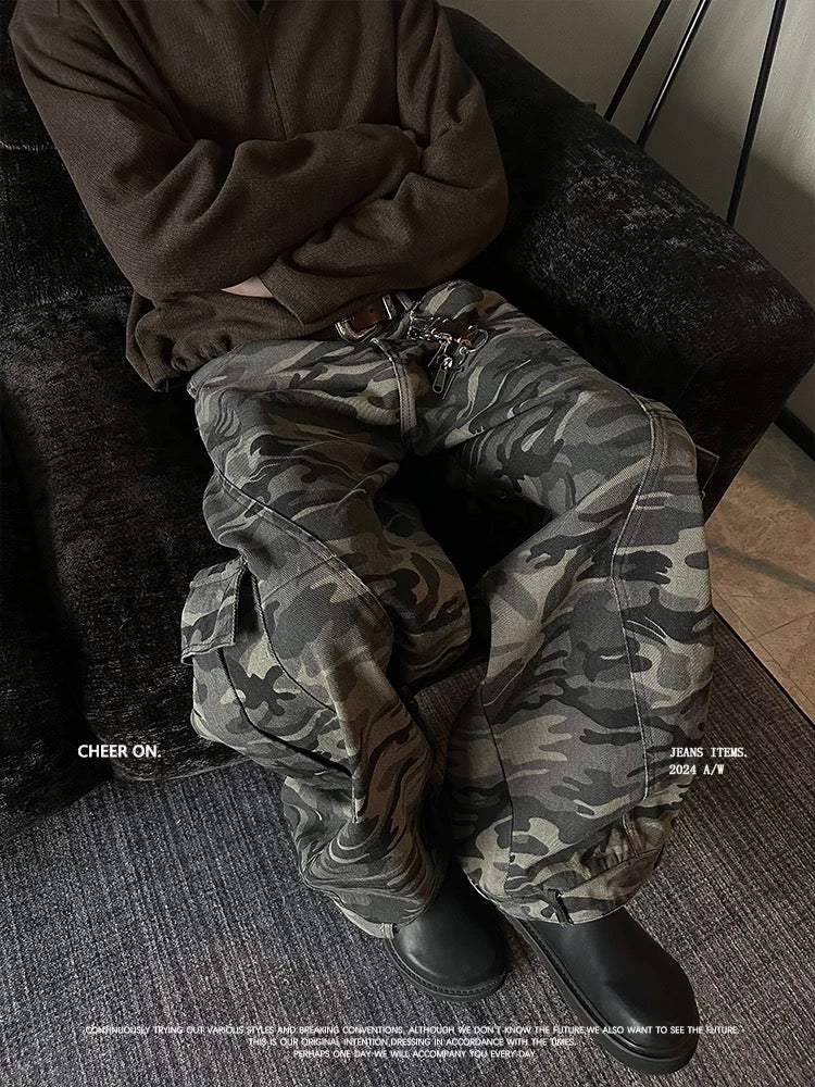 Camouflage Deconstructed Banana Pants - Unisex Wide-Leg Flare Cargo Joggers (Plus Size) B0107