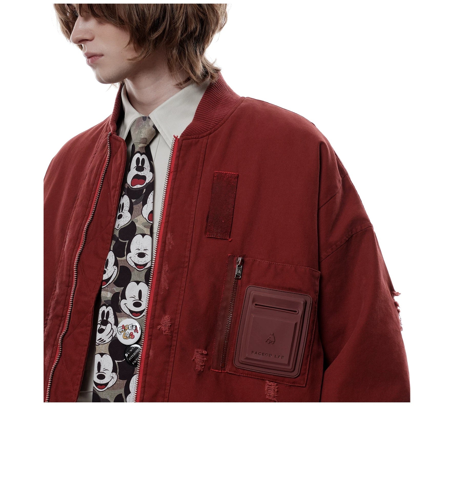 Men’s Burgundy MA-1 Distressed Bomber Jacket – Vintage American Street Baseball Style T0059