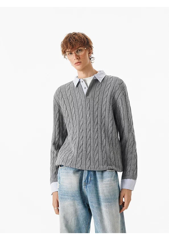 Patchwork Layered Cable Knit Sweater – Faux Two-Piece Vintage Knitwear S0025