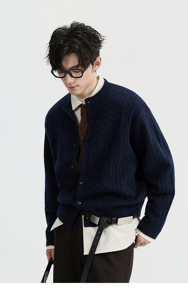 Jacquard Retro-Style Henry Neck Sweater Cardigan for Men - Wool-Blend Knitted Outerwear for Autumn & Winter T0038