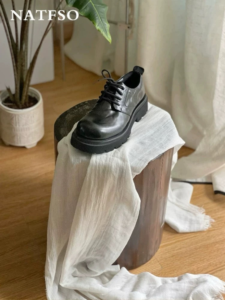 Black Washed Leather Derby Shoes - Chunky Platform Sole with Wrinkled Texture (Cleanfit Men's Footwear) S0001