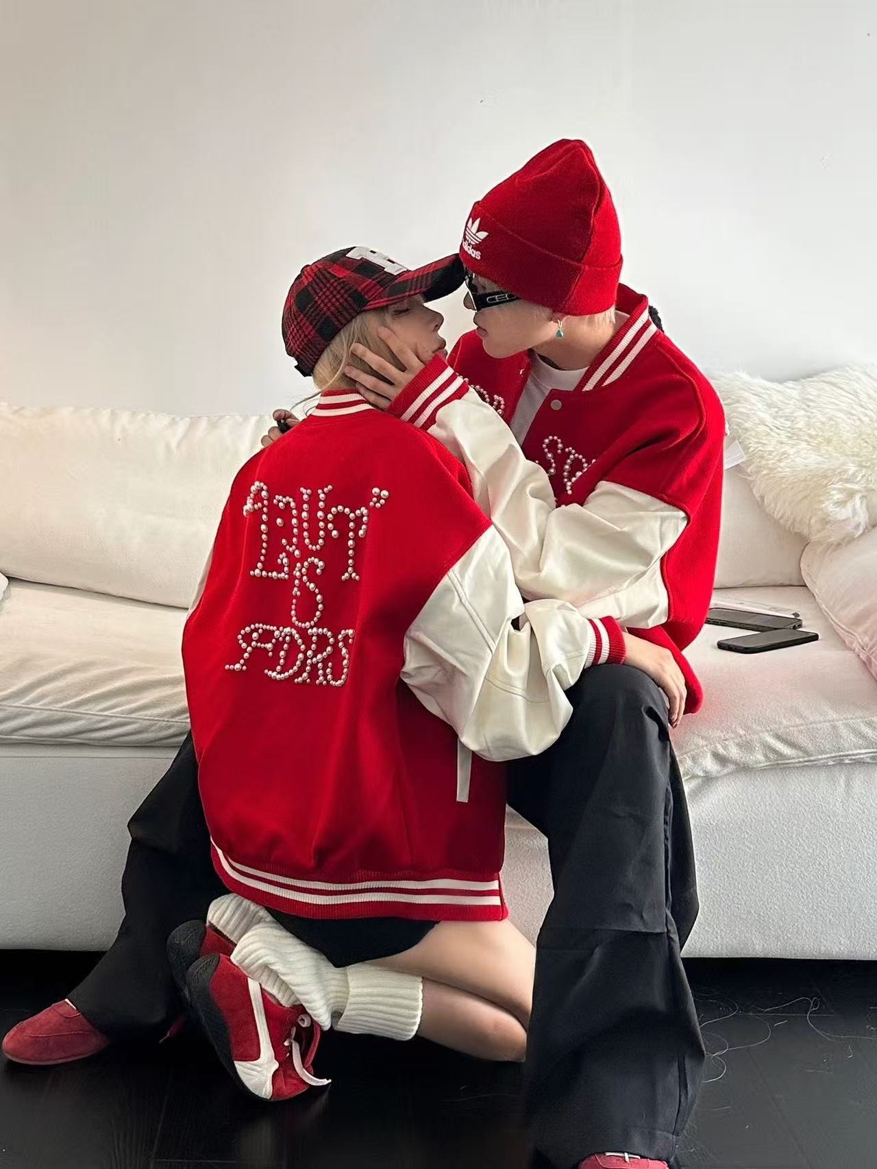 American Streetwear Rhinestone Baseball Jacket - Unisex Couple's Style AW Collection Retro Red Faux Leather & Wool Blend Bomber T0035