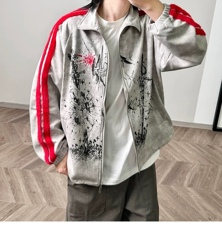 メンズ プリント カラーブロック フリースジャケット - レトロ パッチワーク ストリートウェア アウターウェア T0037