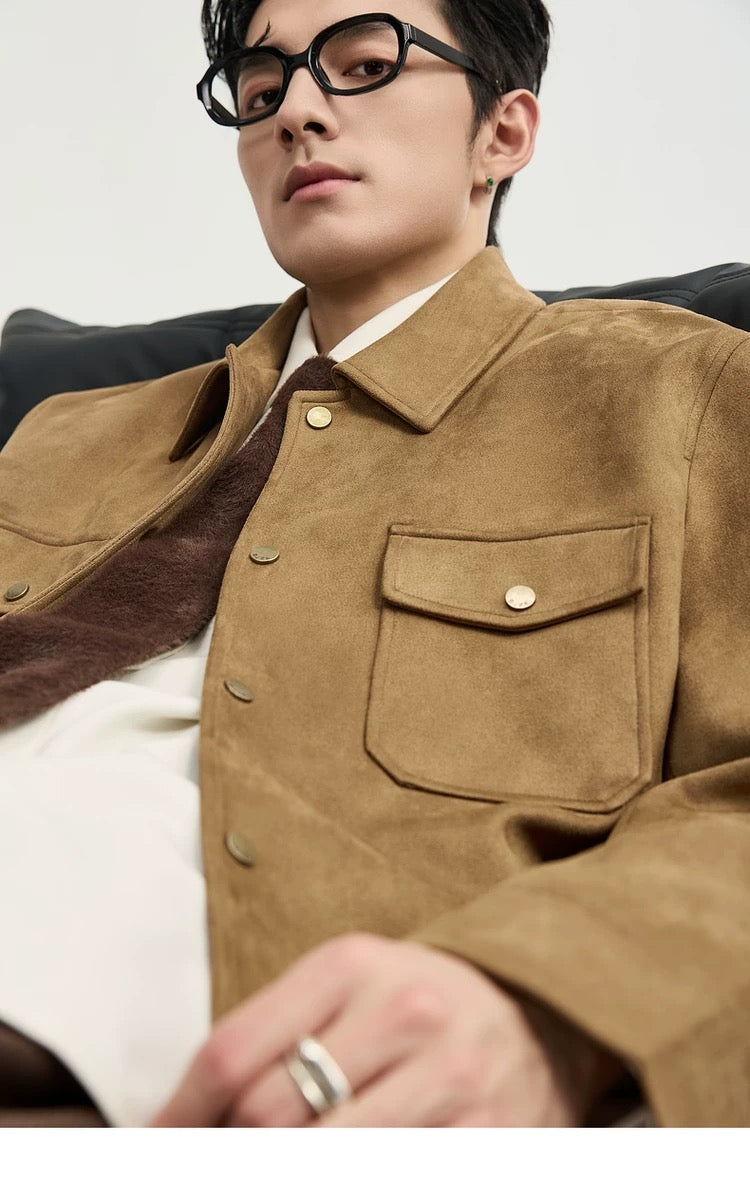 Chaqueta retro premium de ante sintético con solapa para hombre - Top corto informal para otoño T0039