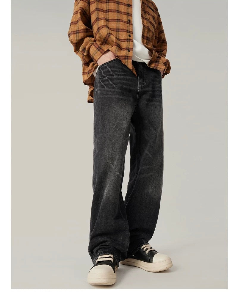 Men’s Vintage Washed Wide-Leg Jeans – American Retro Streetwear Denim T0138