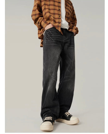 Men’s Vintage Washed Wide-Leg Jeans – American Retro Streetwear Denim T0138
