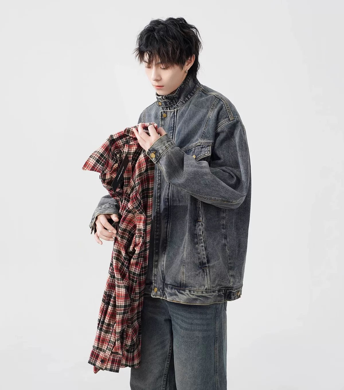 Men’s Vintage Washed Denim Jacket – American Retro Distressed Streetwear Outerwear T0046