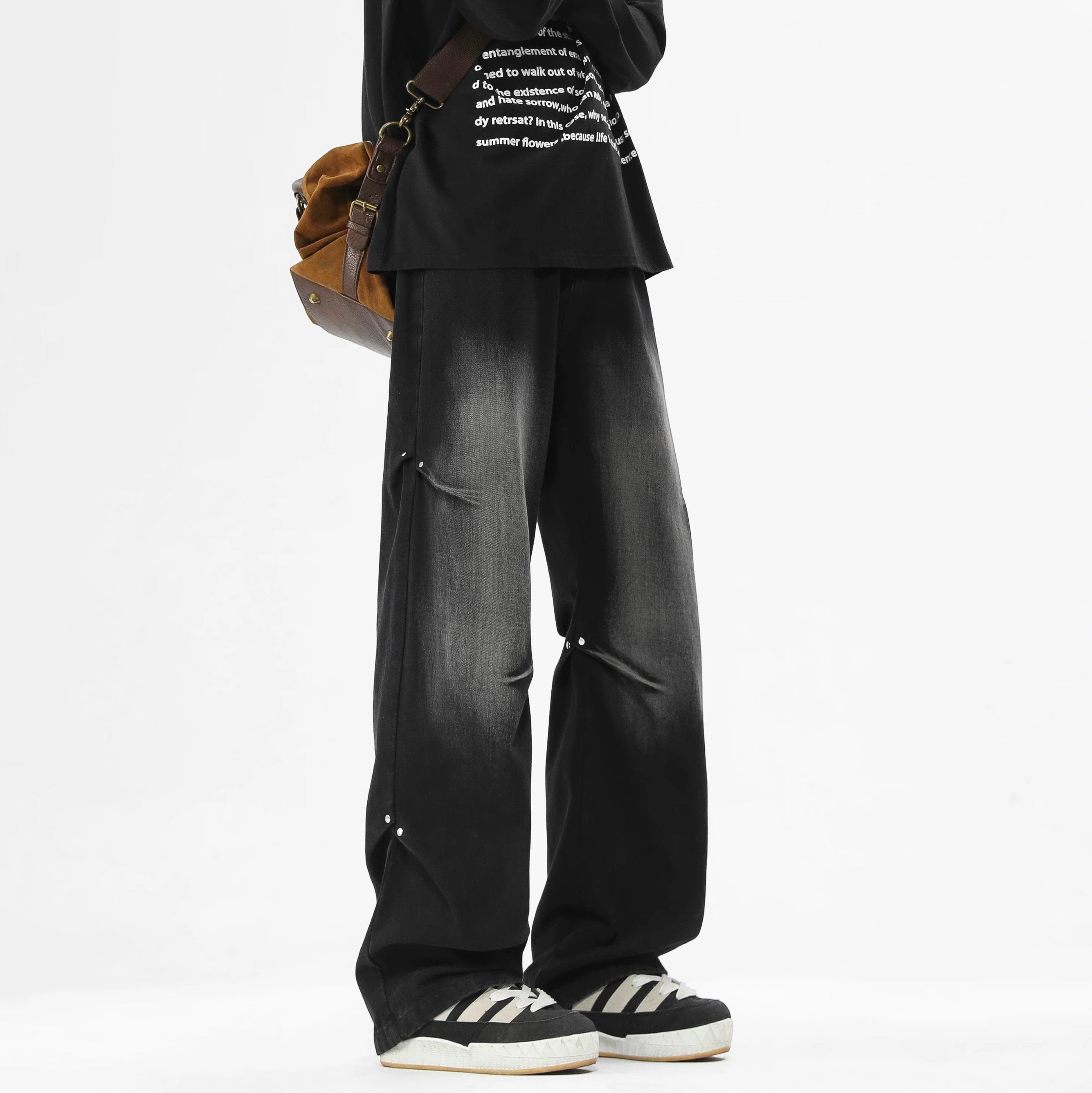 American Street Rivet Patchwork Straight-Leg Jeans Fe0501