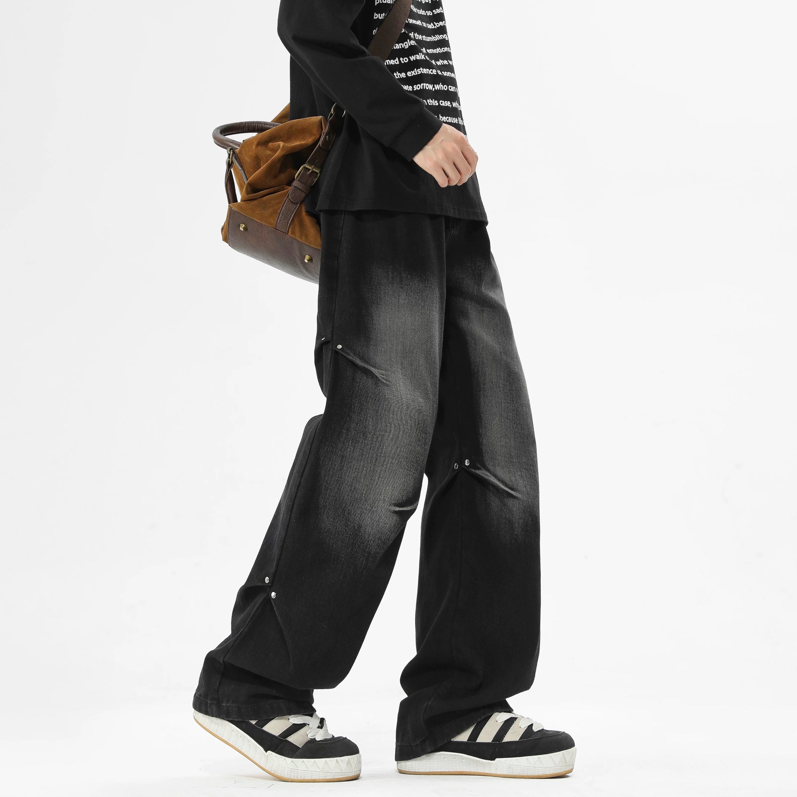 American Street Rivet Patchwork Straight-Leg Jeans Fe0501