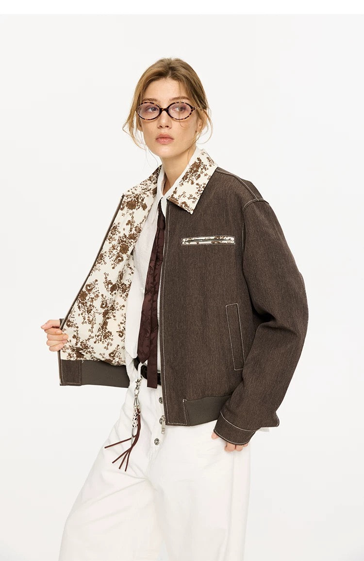 Men’s Contrast Collar Dyed Jacket with Floral Lining – American Vintage Street Outerwear T0060