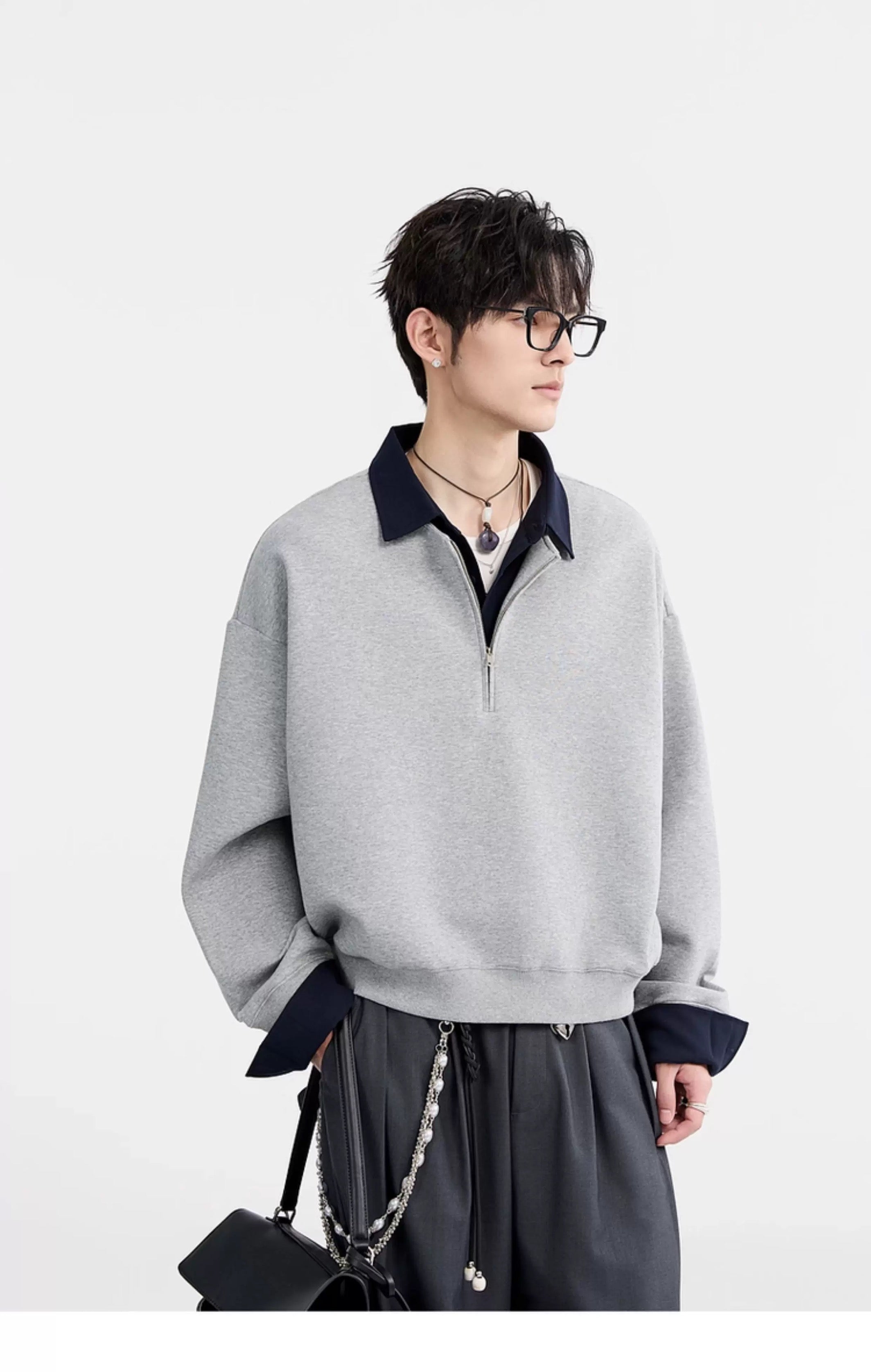 Sudadera con cuello camisero y bloques de color - Jersey extragrande Cleanfit con media cremallera para hombre T0047