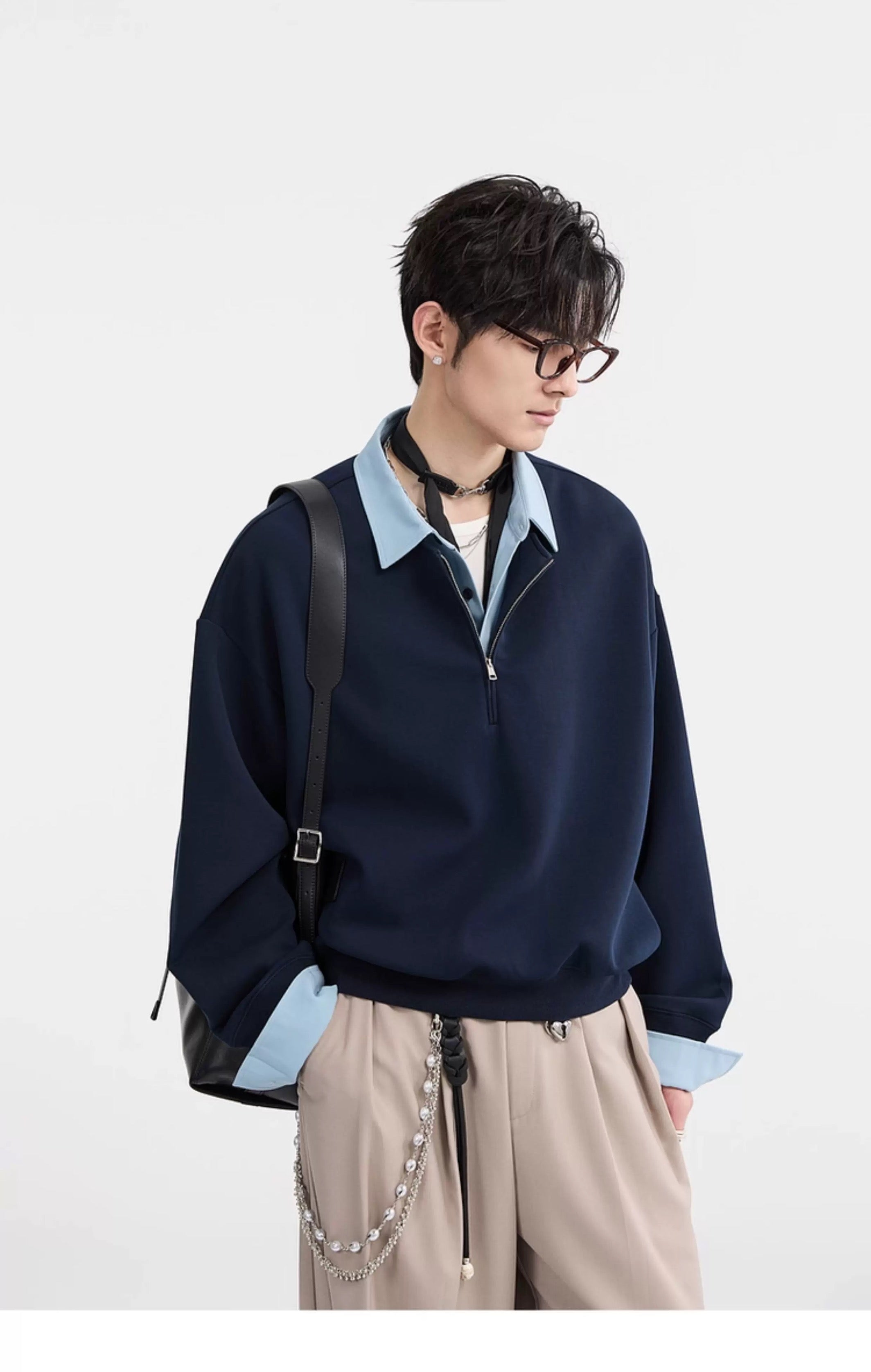 Sudadera con cuello camisero y bloques de color - Jersey extragrande Cleanfit con media cremallera para hombre T0047