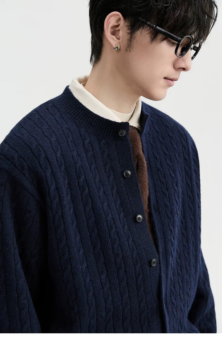 Jacquard Retro-Style Henry Neck Sweater Cardigan for Men - Wool-Blend Knitted Outerwear for Autumn & Winter T0038