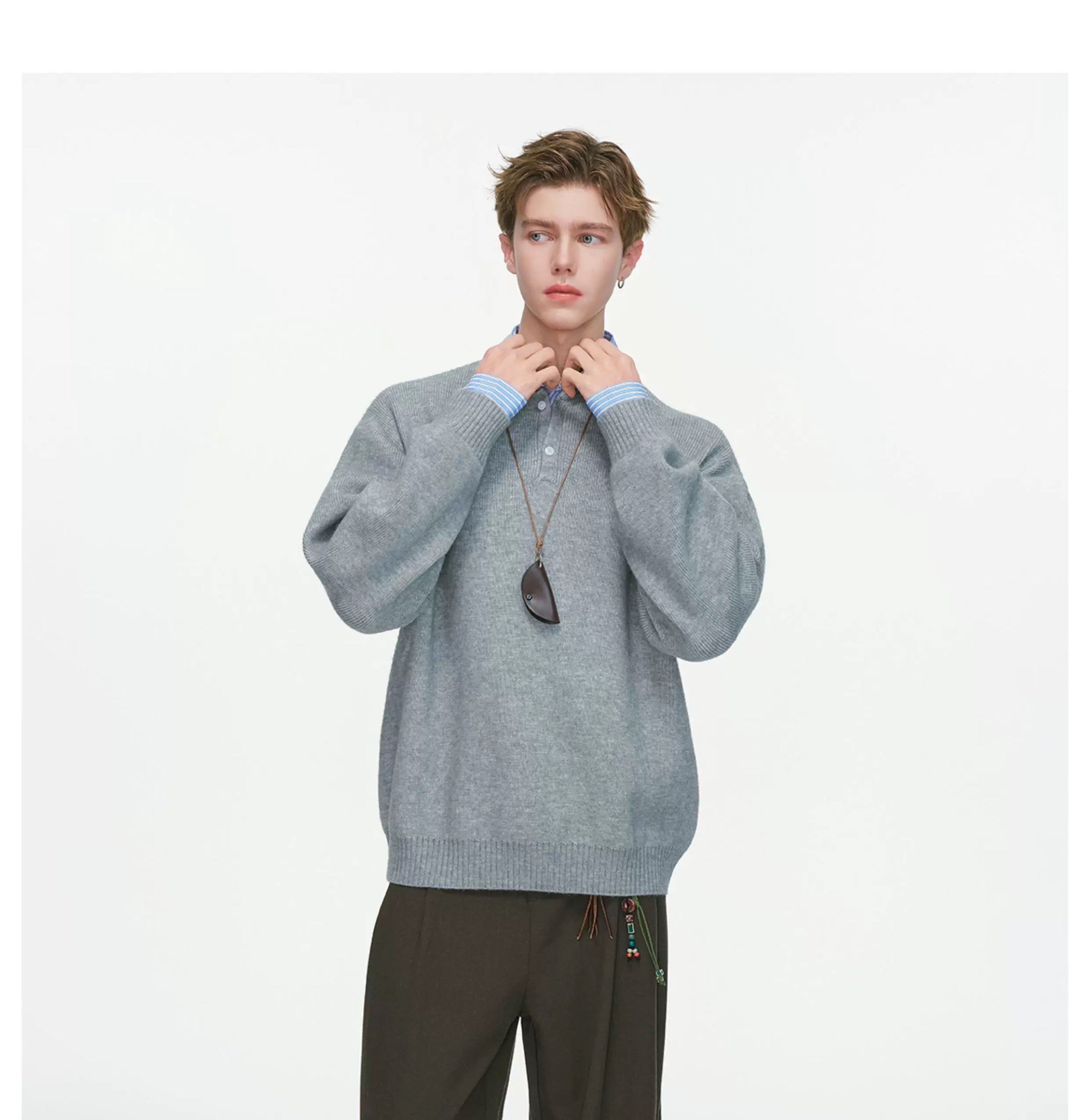 Men’s Layered Stripe Collar Sweatshirt – Vintage Preppy Street Pullover S0045