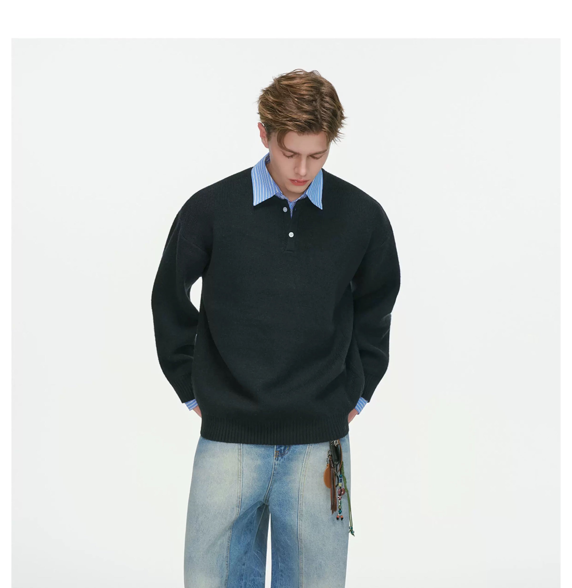 Men’s Layered Stripe Collar Sweatshirt – Vintage Preppy Street Pullover S0045