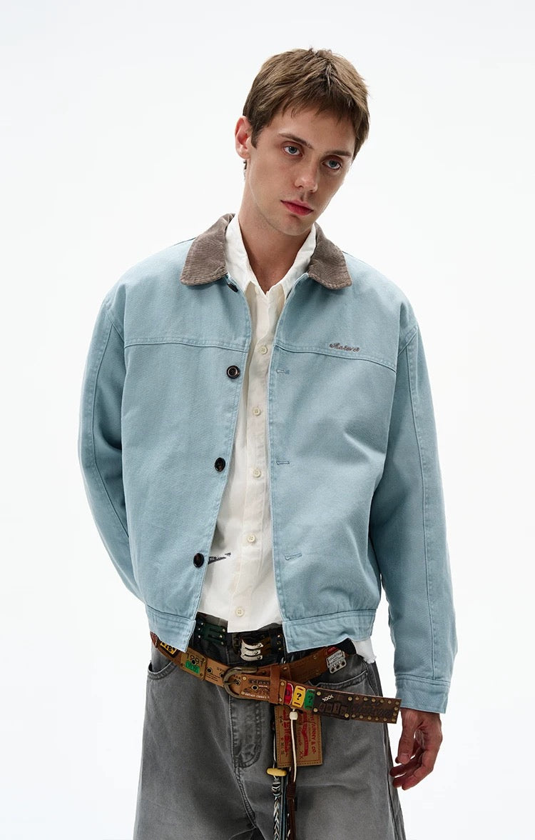 Men’s Color-Block Workwear Jacket – American Retro Contrast Collar Utility Outerwear T0064