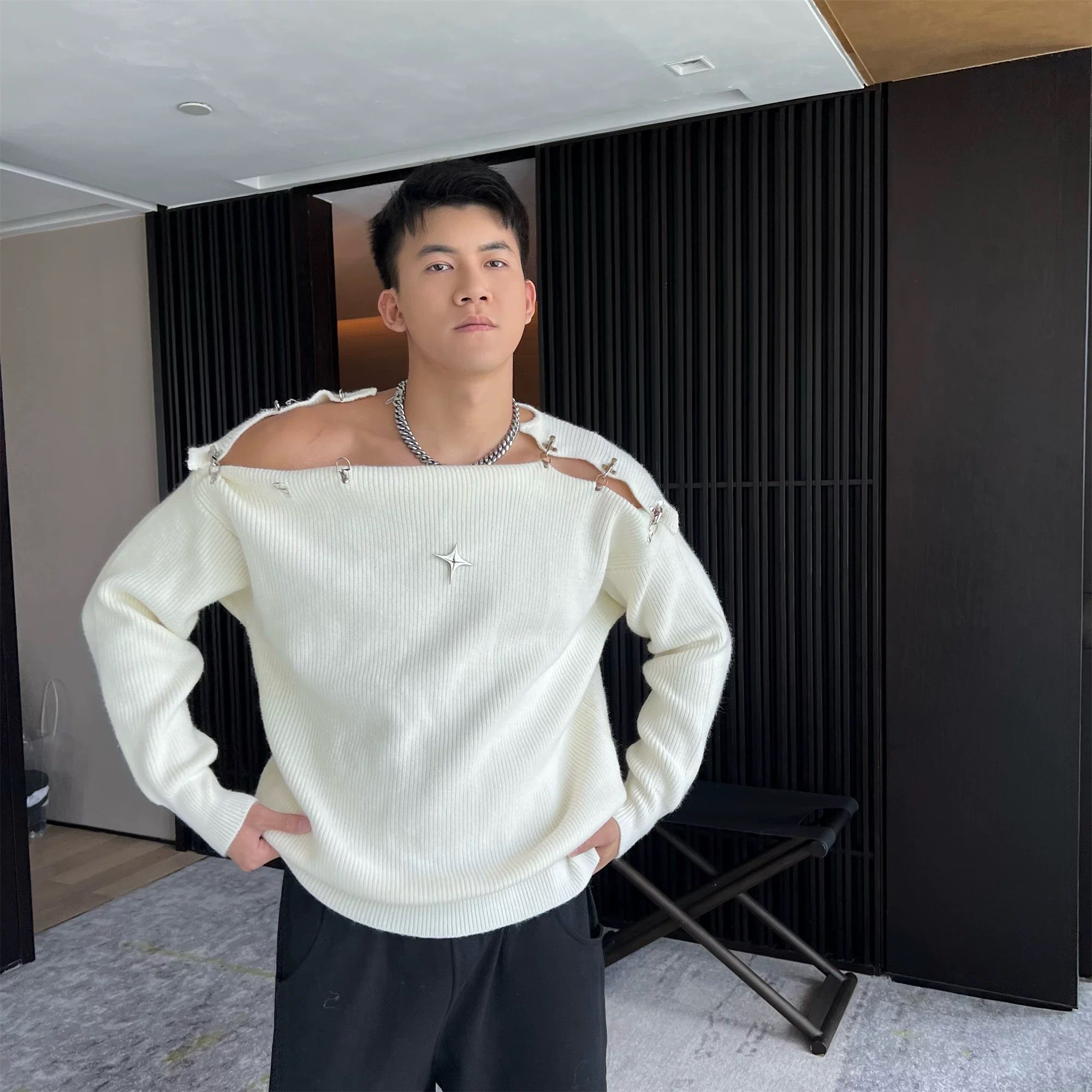 Suéter de punto con hebilla para hombre | Suéter holgado y cálido con estilo urbano T0056