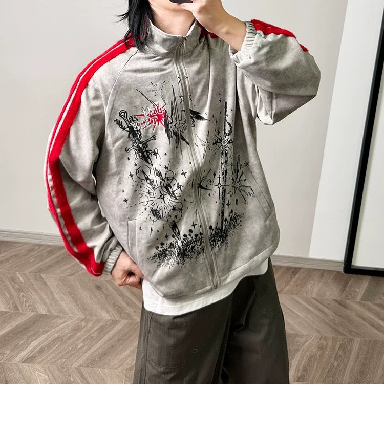 メンズ プリント カラーブロック フリースジャケット - レトロ パッチワーク ストリートウェア アウターウェア T0037