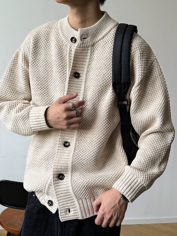 750g Heavyweight Pineapple Knit Cardigan - Men's Solid Color Relaxed Fit Minimalist Knit Jacket T0021