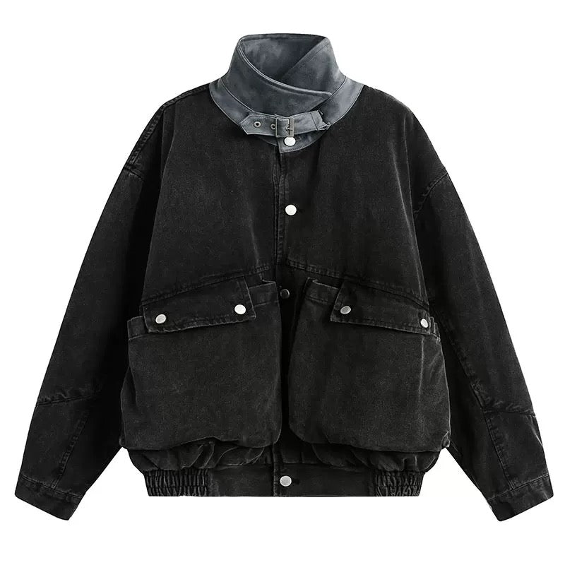 American Vintage Barn Jacket with 3D Pockets, Washed Distressed Paneled Collar Cropped Jacket for Men T0014