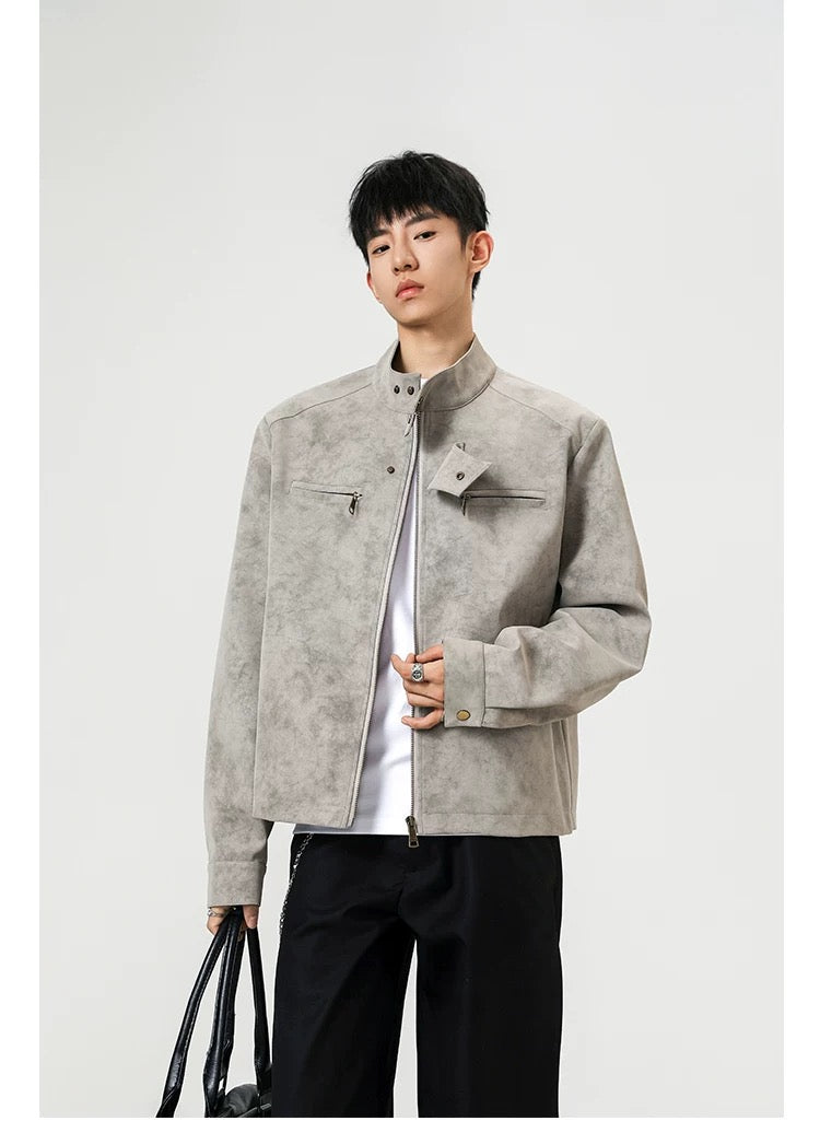 Chaqueta vintage de piel sintética con efecto tie-dye para hombre, cuello alto, estilo urbano, T0078