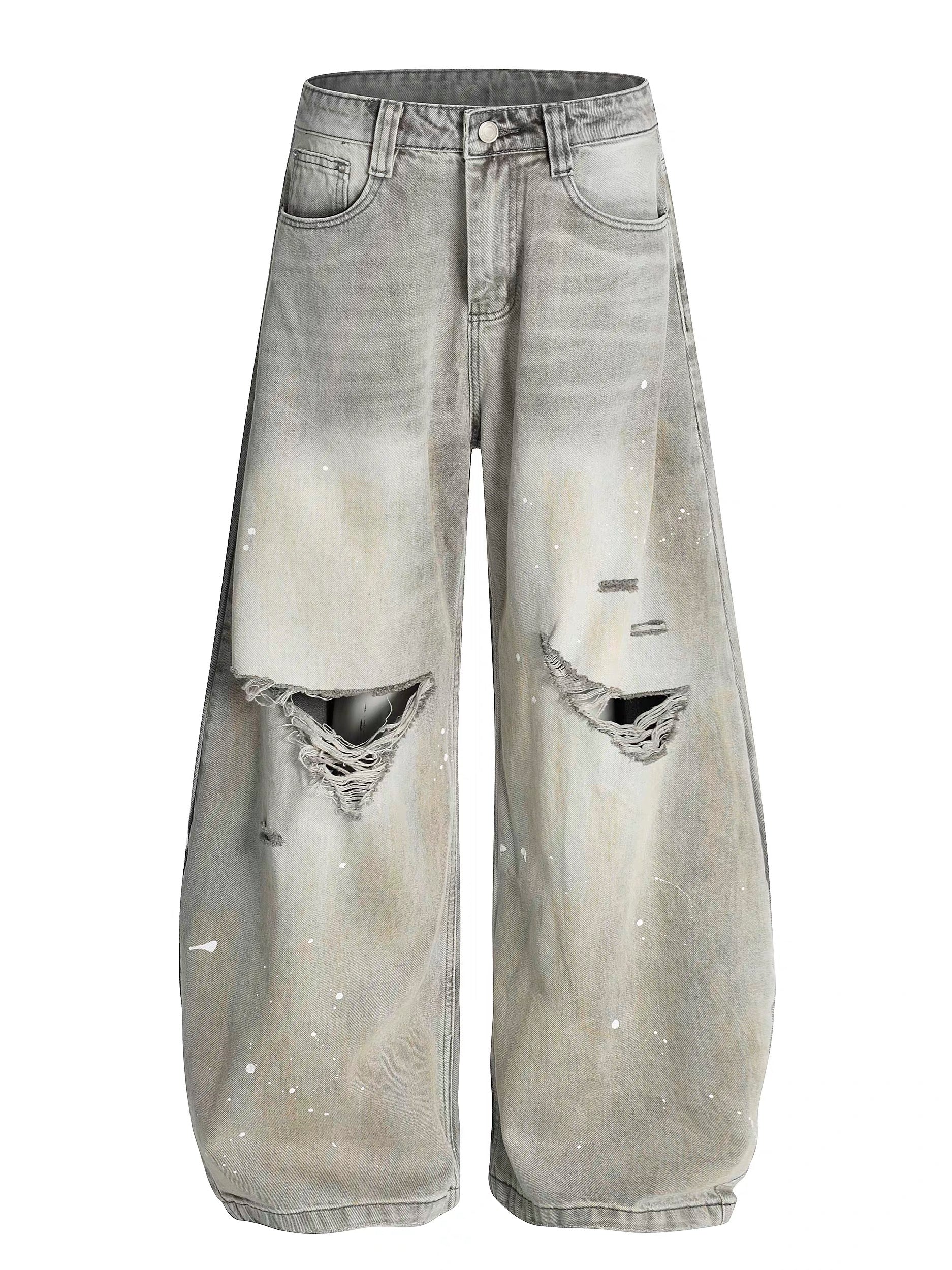 American Vintage Washed Distressed Denim Jeans – Loose Fit Casual Straight-Leg Pants for Men B0095