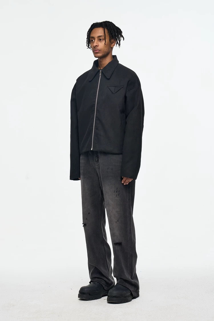 Men’s Retro Boxy Zip-Up Jacket – American Vintage Cropped Street Outerwear T0057