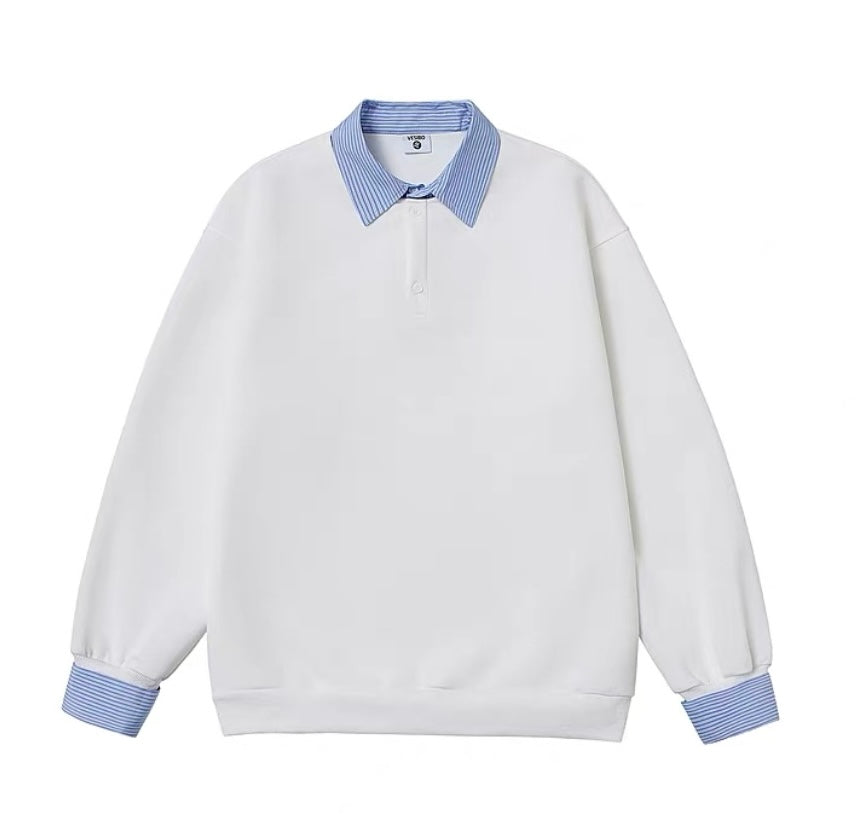 Men’s Layered Stripe Collar Sweatshirt – Vintage Preppy Street Pullover S0045